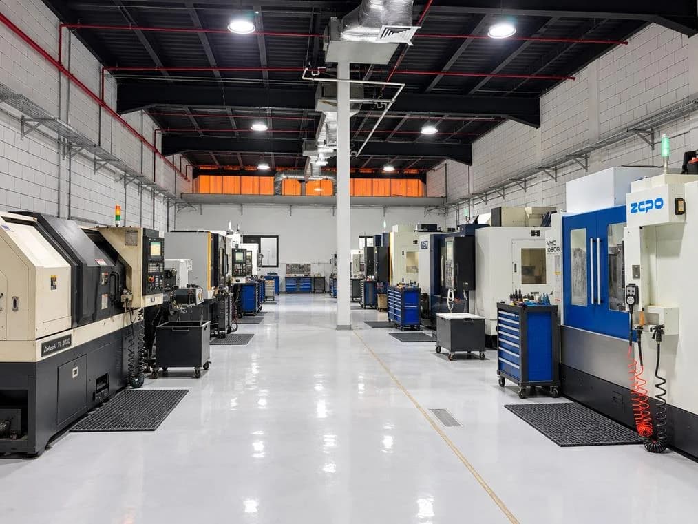 صفوف مكائن CNC داخل صالة التشغيل في مصنع الرؤيا الذهبية